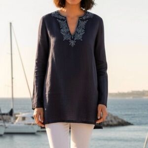 Lands’ End Tinic Top Navy Blue Linen Beaded S Nautical Preppy Coastal